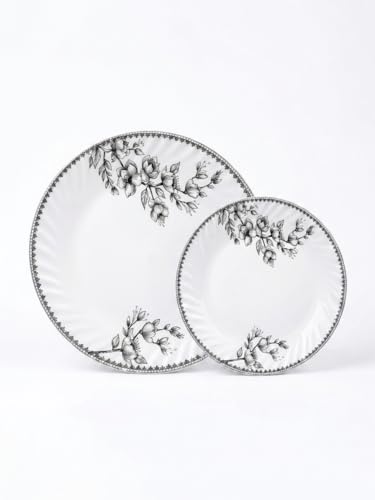 Image of Melvio By Malti 18 Pcs Dinner Set for Dining & Serving | Premium Melamine Crockery Set with Dinner Plates, Quarter Plates, Bowls, Serving Bowl, Lid & Spoons | Microwave & Dishwasher Safe