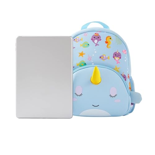 Preschool Backpack Toddler Neoprene Animal Waterproof Schoolbag Lunch backpack for Kids Boys Girls, Blue Narwhal