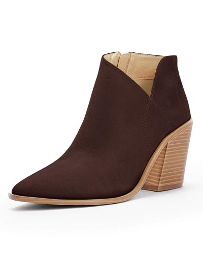 Womens Pointed Toe Ankle Boots Block Stacked Chunky Heel Cutout Side Zipper Fall Booties Shoe