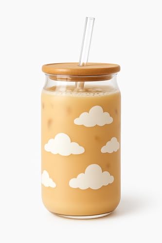 Image of THE UMBRELLA STORE Glass Tumbler Bamboo Lid and Straw, Coffee Tumbler, Reusable Glass (Cloud)
