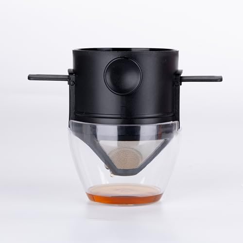 Image of Filter Coffee Maker with Bottom Cup Double Mesh Pour Over Coffee Filter Food Grade SS & Plastic Coffee Dripper 100% Paperless Foldable to Fit Most Cup Keep Coffee Flavour Easy Use & Clean