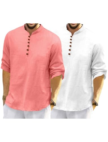 Image of Macsivo Men's Cotton Blend Kurta with Solid Band Collar Full Sleeve Button Closure Regular Fit Curved Hem Length | Kurta for Man | Combo Pack of 2