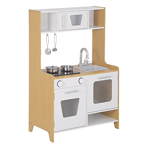 WOLTU Kinderküche Spielküche mit Licht und Sound, Holz Küche inkl. 5tlg Küchenset Holzspielzeug für Kinder Natur+Weiß…