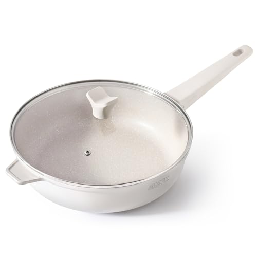 Image of THE ROCK SOHO 4 Qt Nonstick Deep Frying Pan Skillet with Glass Lid, 11 Inch Large Deep Frying Pan, Ceramic Non Toxic Skillet with Heat-Resistant Handle, PFOA & PFAS Free, Oven & Dishwasher Safe, Cream