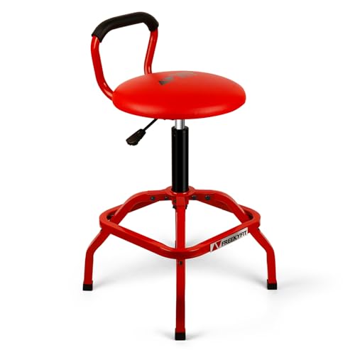 Image of Garage Stool, Adjustable Height Swivel Work Mechanic Shop Stool with Backrest, Pneumatic Shop Chair for Home, Workshop, 300 LBS Capacity, 360 Rotation, Heavy Duty, Red