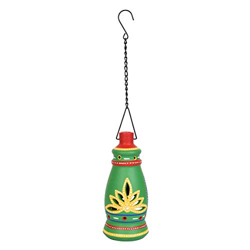 Image of AAKRITI ART CREATIONS Terracotta Green Handpainted Hanging Tea Light | Floral Art Handmade Decor | Matte Finish Terracotta Decorative Hanging Items for Home | Handpainted Decor