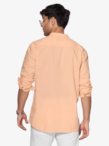 Image of The Souled Store Classic Maroon Men and Boys Long Sleeves Mandarin Collared Neck Button Front Solid Regular Fit Cotton Linen Shirts