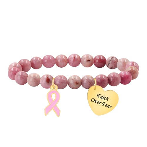 JunyiDIY Faith Over Fear Breast Cancer Awareness Bracelet for Women, Pink Ribbon Red Wood Grain Stone Empowering Gift for Supporters Fighters and Survivors YA6033