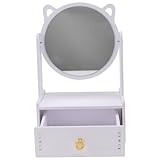 SKISUNO 卓上収納ボックス付き猫耳デザイン化粧鏡 転可能なクリアミラー メイク用品とアクセサリー整理用デスクトップミラー 女子部屋向け