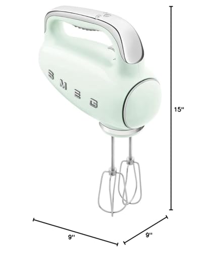 Image of SMEG HMF01 9-Speed Retro Hand Mixer - 220W Motor, Smooth Start, Turbo Function, LED Timer Display, Stainless Steel Whisks, Beaters & Dough Hooks, Premium Die-Cast Aluminum Body