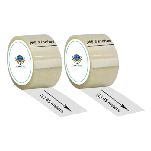 Image of Indipac Transparent Cello Tape BOPP 3 Inch 65m Heavy Duty Sealing Tape Roll for Carton Box Packing, Warehouse, Industrial, Office & Ecommerce Packaging Tapes (Pack of 2)