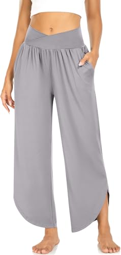 Image of TARSE Women's Wide Leg Yoga Pants Cross High Waist Flowy Split with Pockets | Comfy Lightweight Stretch, Flare Hem Cropped, Loose Dance Pants, Travel & Lounge, Everyday Casual Wear