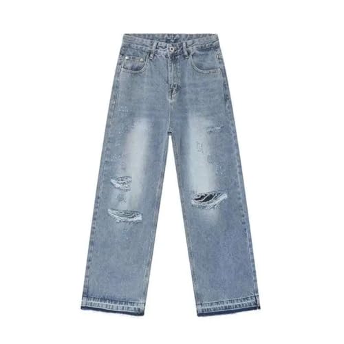 Men's Trendy Straight Jeans, Worn-Out Hole Design, Autumn Streetwear, American Wide Leg Denim