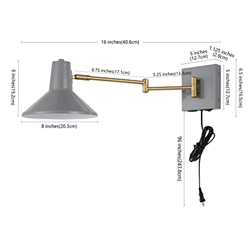 Image of JONATHAN Y 16 inch Grey /Brass Gold 1-Light Modern Swing Arm Sconce with USB Port, Plug-in Midcentury LED Bedside Lamp with White Iron Shade for Bedroom Living Room (JYL1302C)