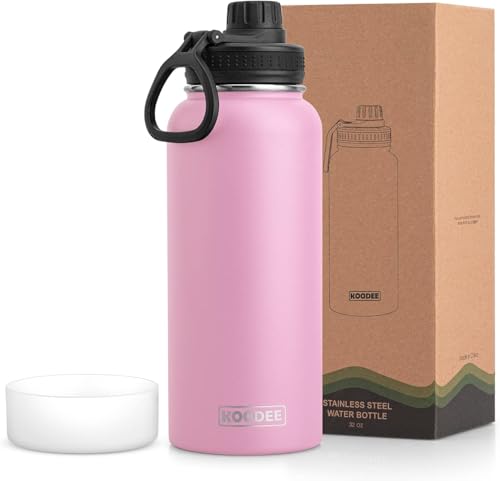 Image of koodee Insulated Water Bottle, 32 oz Stainless Steel Double Wall Vacuum Wide Mouth Sport Bottle with Leakproof Spout Lid (Pink)