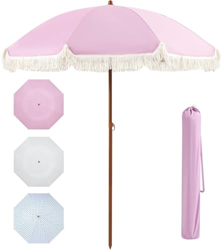 Aoxun 7ft Patio Umbrella with Fringe Outdoor Beach Umbrella with Aluminum Pole Ribs Push Button Tilt and Carry Bag UV 50+ Picnic Tassel Umbrella(Pink)
