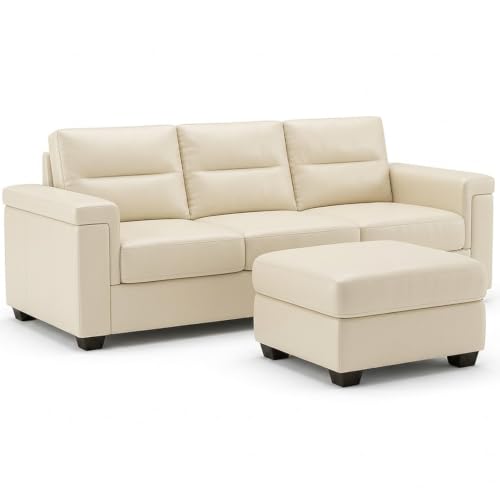 Image of FURNY Parker 3 Seater Sofa Set with Ottoman | Premium Suede Velvet Fabric Finish | Durable Comfort Sofa for Modern Living Room & Office Spaces (Cream Leatherette)