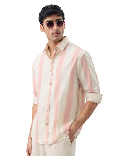 Image of The Souled Store Cotton Linen Stripes: Apricot Men and Boys Long Sleeves Collared Neck Orange Stripes Regular Fit Lightweight Comfortable Summer Cotton Linen Shirts