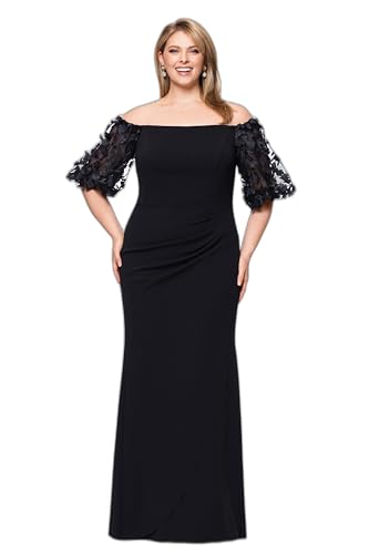 Xscape Women's Plus Size Long Illusion Sleeve Off The Shoulder Dress