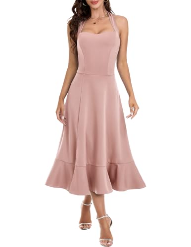 DRESSTELLS Damen Halter Cocktailkleider Hochzeit Gast Formal Prom Brautjungfer Tee Länge Split Ruffle Sommerkleid Blush M