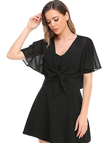 Womens Shrug Chiffon Shawl Wraps Open Front Tie Top Cardigan For Evening Dress(Black,S-M) #TOP4