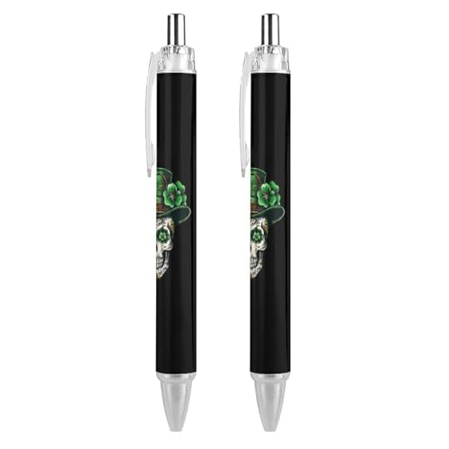 THKVSV Totenkopf St. Patrick Day of the Dead Lucky Shamrock Roller Pens Black Kugelschreiber Retractable Journaling Pen Work Pens for Office Supplies 2 PCS