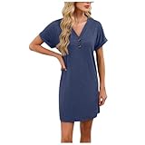 Women's Casual Nightgown Short Sleeve Solid House Dress Fashion V Neck Button Soft Cozy Sleepwear Loungewear 2026 Navy