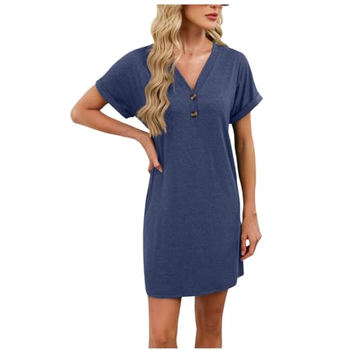 Women's Casual Nightgown Short Sleeve Solid House Dress Fashion V Neck Button Soft Cozy Sleepwear Loungewear 2026 Navy