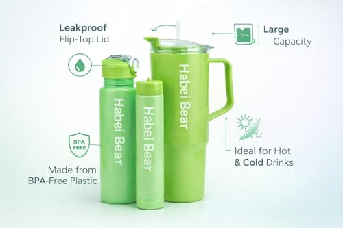 Image of Insulated Tumbler Set, Purpule Or Blue,1200ml /800ml /300ml, Double Wall with Straw and Handle, Hot Cold Drinks Coffee Water Bottles (Light Green)