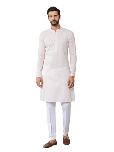 See Designs Men's Long Sleeve Mandarin Collar Side Slit Light Pink Thread Worked Pure Cotton Straight Kurta - Sdkt2521L
