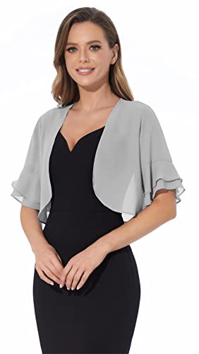 Women Shrug Soft Chiffon Open Front Sheer 3/4 Sleeve Bolero Cardigan For Evening Dress(Silver,Xxl) #TOP2