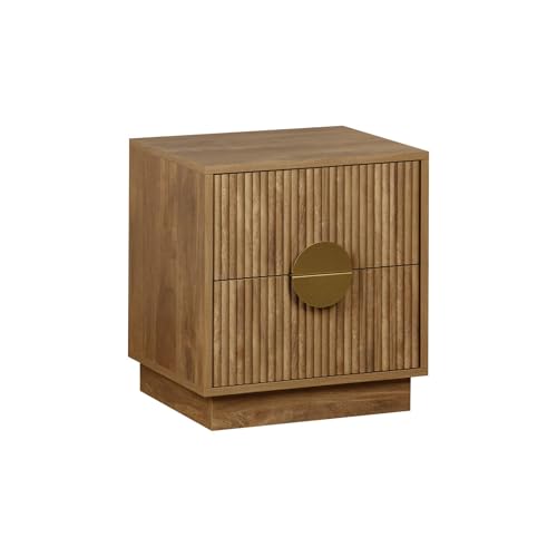 sweeek - Table de Chevet 2 tiroirs décor Bois de manguier rainuré. poignées en métal doré. L42 x P38 x H50cm