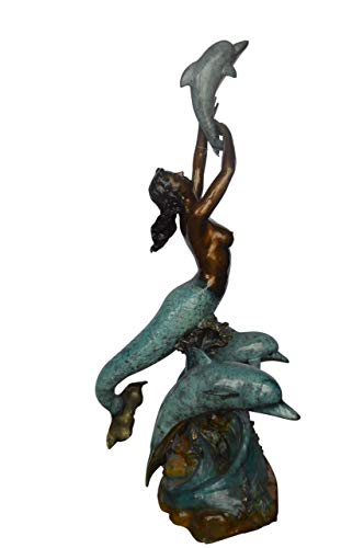 Estatua de sirena de bronce con delfines grande para jardín miniatura 1