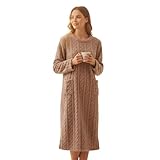 Womens Fleece Pullover Nightgown Flannel Long Pajamas Dress Long Sleeve Sleepwear Fuzzy Loose Loungewear with Pocket Coffee