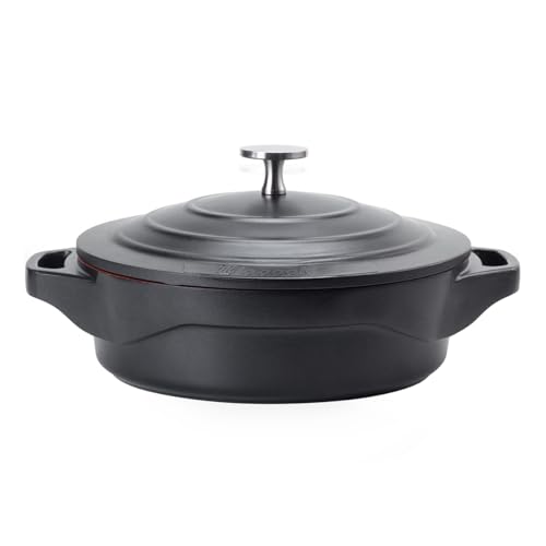 LE COOK Caçarola Baixa Cerâmica Antiaderente 24cm Preta com Tampa de Vidro e Alças de Silicone – Alumínio Reforçado 2,4L Para Forno e Fogão