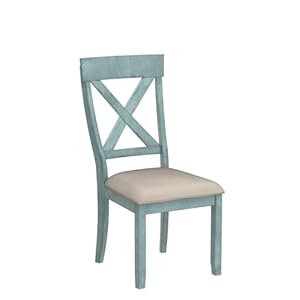 Roundhill Furniture Prato Two Tone Wood Cross Back Upholstered Dining Chairs Set of 2 Blue and Tan