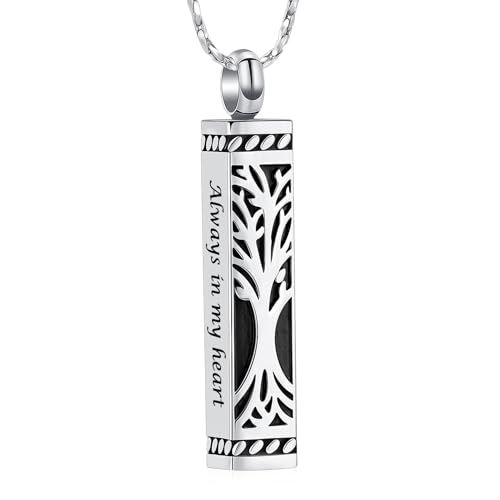 Imrsanl Tree of Life Urn Necklace for Men Women Bar Cremation Jewelry for Ashes Keepsake Ashes Necklace Pendent (Silver-Always in My Heart)