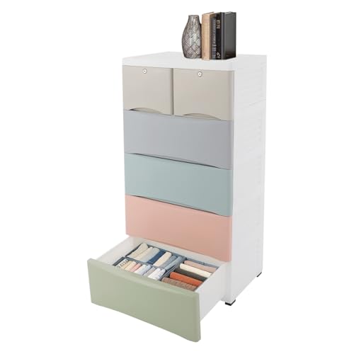 SuiYuLn 5 Tier Storage Dresser,Plastic Drawers Dresser,Multi-Functional Storage Cabinet with Wheel,Closet Drawers Tall Standing Dresser for Playroom,Bedroom Furniture (Macaroon-Colored)