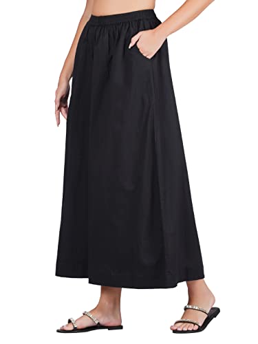 Image of fabcoast Loose Fit Palazzo Pants for Women A-Line Flared Wide Leg Summer Ethnic wear Pure Cotton Cambric with Full Elastic Waistband and 2 Side Pockets