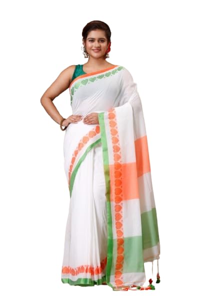 Soft Cotton Handloom Tricolor Saree for School Programs, Function, Political Rally, White with Orange and Green Border, 6.25 Meters-image-40