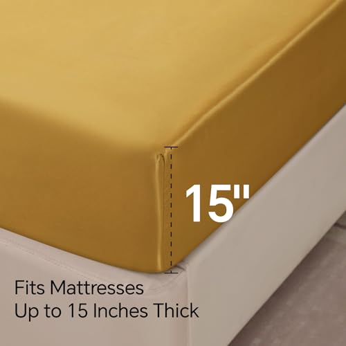 BEDELITE Satin Fitted Sheet and Pillowcases Set, Luxury Soft Similar to Silk Bottom Bedsheet with Elastic Corner Straps, Deep Pocket up to 15 Inch, 1 Fitted Sheet and 2 Pillowcases(Queen, Gold)