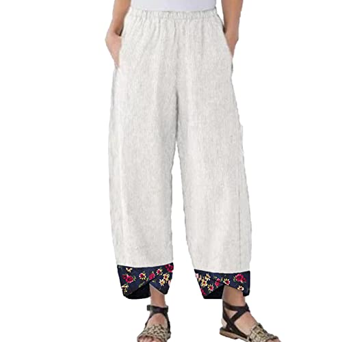Maiyifu-GJ Women's Printed Linen Wide Leg Pants Summer Elastic Waist Beach Harem Trousers Lightweight Cropped Bottoms Pants (White,3X-Large)