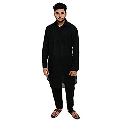 Kurta Pathani de lino conjunto de dos piezas para hombre color negro talla 44 de corte regular