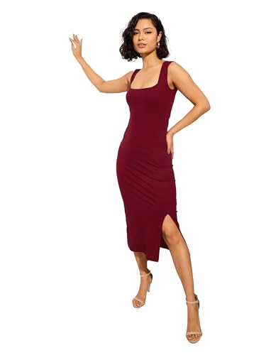 Image of barcino Black Rib Square Neck Sleeveless Midi Dress
