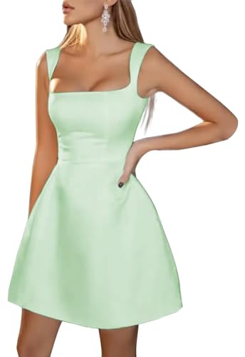 Image of Spaghetti Straps Short Homecoming Dresses Sqaure Neck Satin Mini Cocktail Dress Wedding Party Gowns