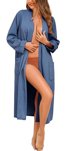 Vlazom Albornoz de Baño para Mujer en Tejido Waffle, Suave y Absorbente, Ligero para Spa y Relax(L,Azul)