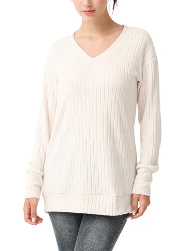 Image of Women's Long Sleeve Shirt V Neck Autumn Loose Top Lightweight Sweater Fashion Outerwear Casual Ladies Tops Beige
