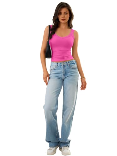 GKBK Camisole Tank Tops for Women Summer Casual Basic Tops Sleeveless Lace Tank Tops Cute V Neck Wide Strap Soft Ribbed Lace Trim Cami Undershirt Spring Clothes 2026 Summer Fashion Outfits Hot Pink — view 6