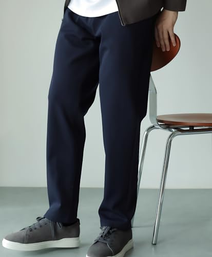 Men's Business Casual Pants, Wrinkle-Resistant Straight Fit, Navy Blue, 9/10 Length4