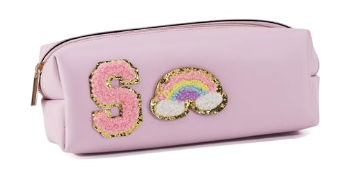 Image of AICA Gifts Personalized Leather Pencil Pouch (Purple) with Embroidered Alphabet & Patch | Pencil Pouch for Kids | Birthday Gift | Birthday Return Gift |Gift for Kids Age 6-10